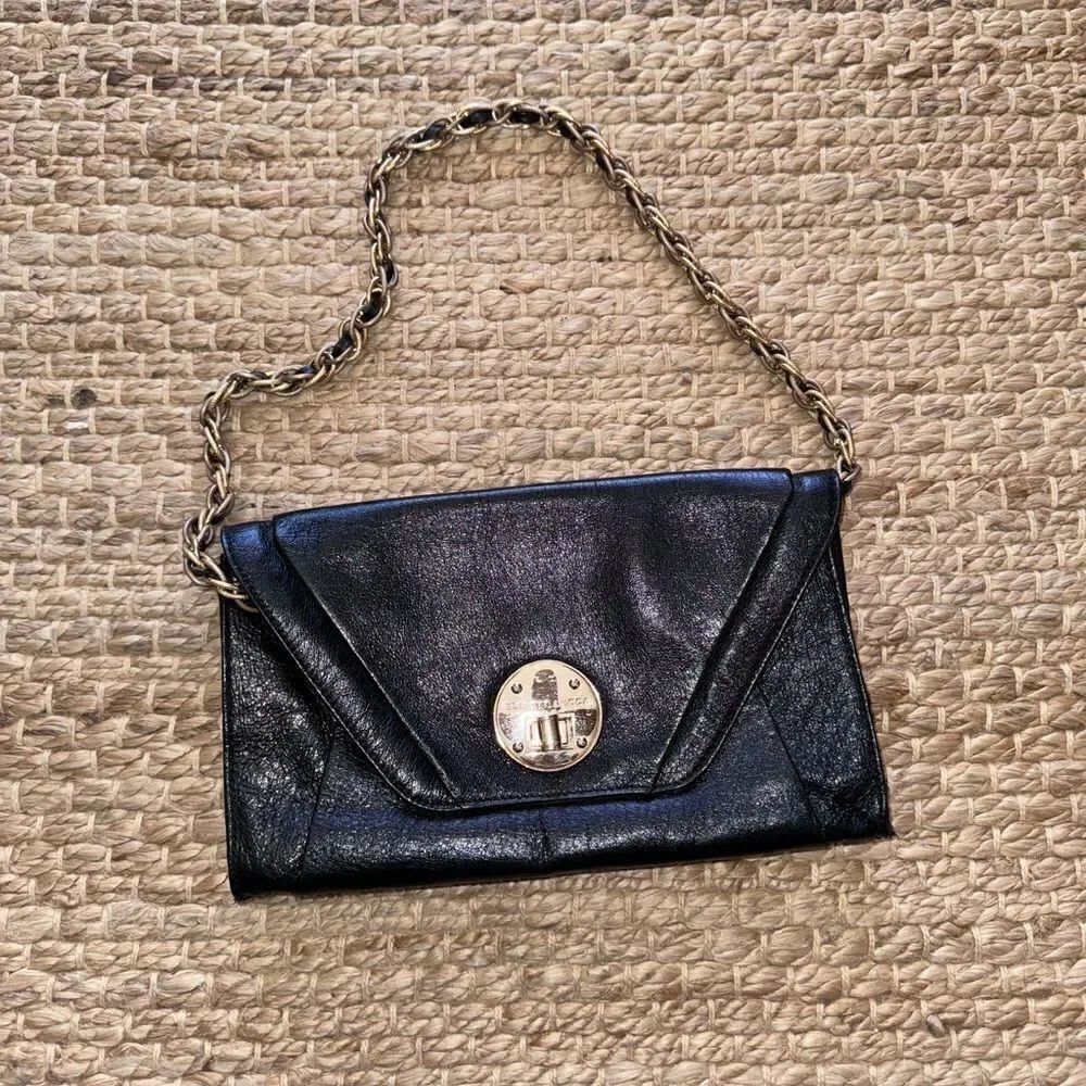 Elliott Lucca Black Cordoba leather Envelope Clutch with detachable chain